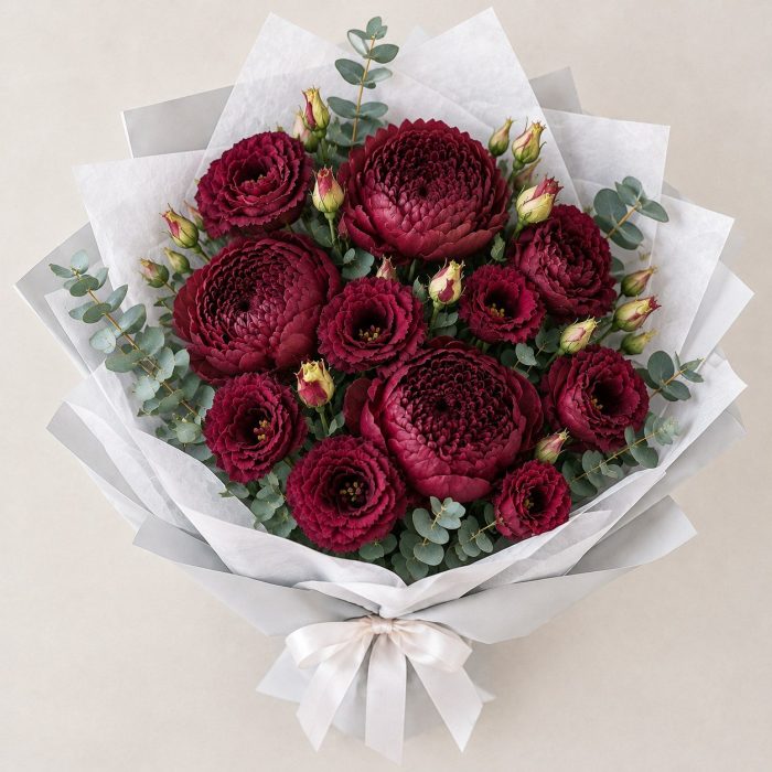 Букет из бордовых пионов и эустомы, фото 2